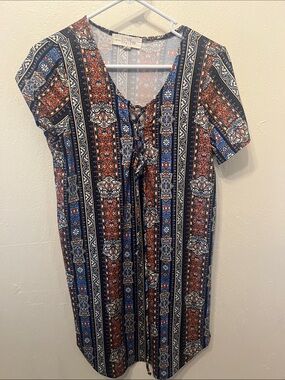 Navy & Rust Lace-Up Short Sleeve Tunic